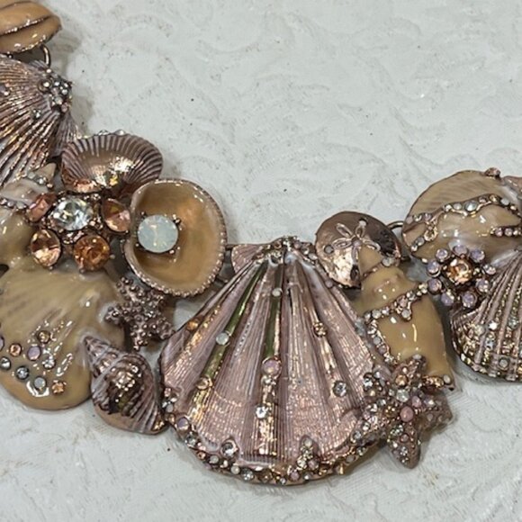 Beach Rose Gold Tone Ocean Shells Starfish Rhinestones Necklace Choker 18" - Picture 6 of 15